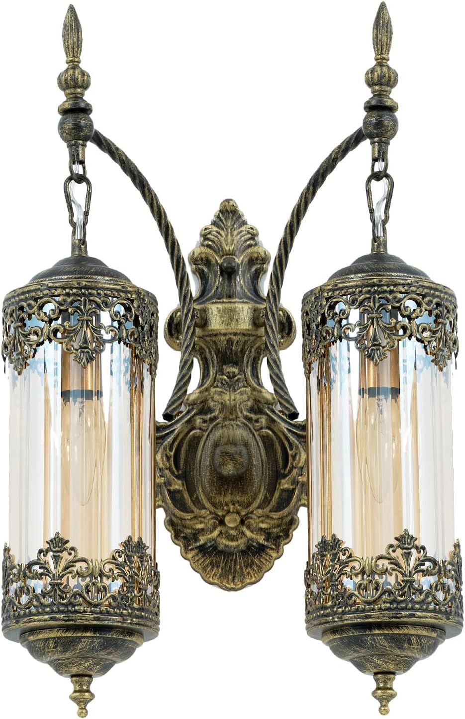 Rustic Wall Sconce with Amber Glass Vintage Antique Gothic Wall Light Fixture Retro Mid Centry Lantern Wall Sconce for Bedroom, Living Room, Mirror, Brush Gold