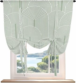 Sage Green Ombre Tie Up Curtains for Kitchen Bedroom Living Room Windows, Farmhouse Stripes Modern Abstract Art Adjustable Tie-Up Shade Rod Pocket Curtain Valance Drape 1 Panel, 52" x 45"