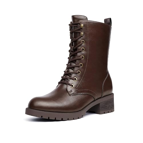 DREAM PAIRS Lace-up Combat Boots Mid-calf Military Winter Boot for Women | Mid-calf Military Fall Short Boot for Women - 10 - Brown/Pu