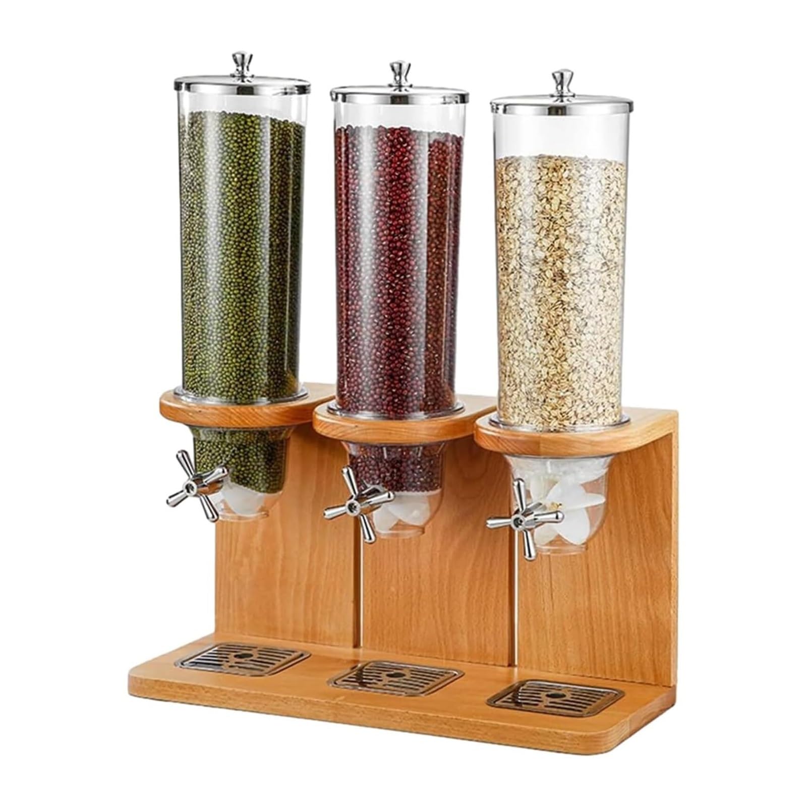 3.5L/7L/10.5L Dry Food Dispenser, Triple-Head Cereal Storage Container with PC Barrel and Wood Base for Rice, Candy, Beans, and Nuts(Triple head)