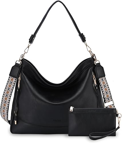 RAVUO Bolso Hobo para mujer, bolso cruzado de cuero vegano y cartera, juego de 2 piezas, bolsos de hombro elegantes con correa ajustable Negro