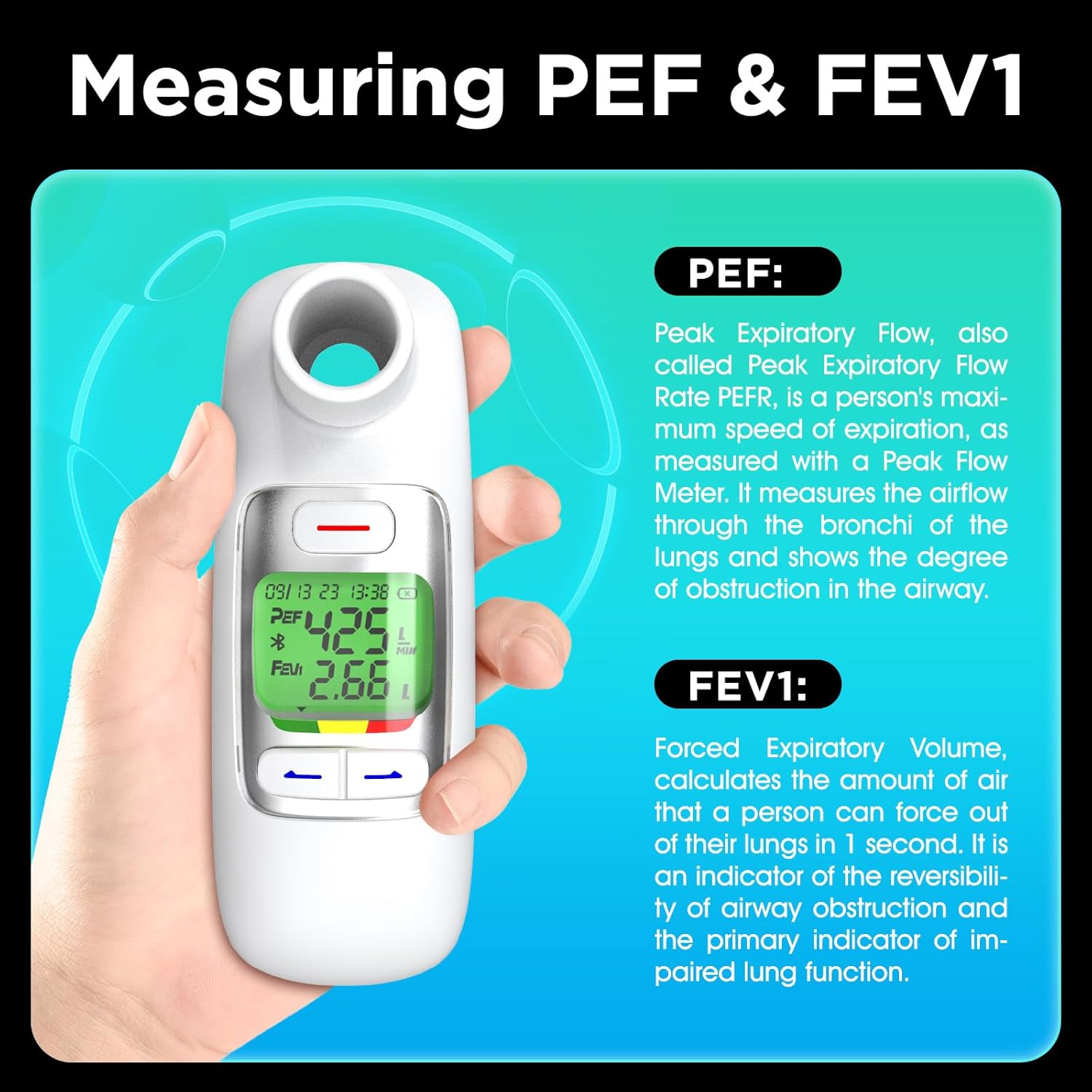 Upgraded Digital Peak Flow Meter FEV1 PEF for Asthma Adult, Kids w/Green LCD Display, Home Spirometer Testing Device with Bluetooth APP for Children