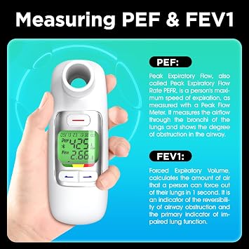 Digital Peak Flow Meter FEV1 PEF for Asthma Adult, Kids | Upgraded, Green LCD Display, Home Spirometer Testing Device, Bluetooth APP