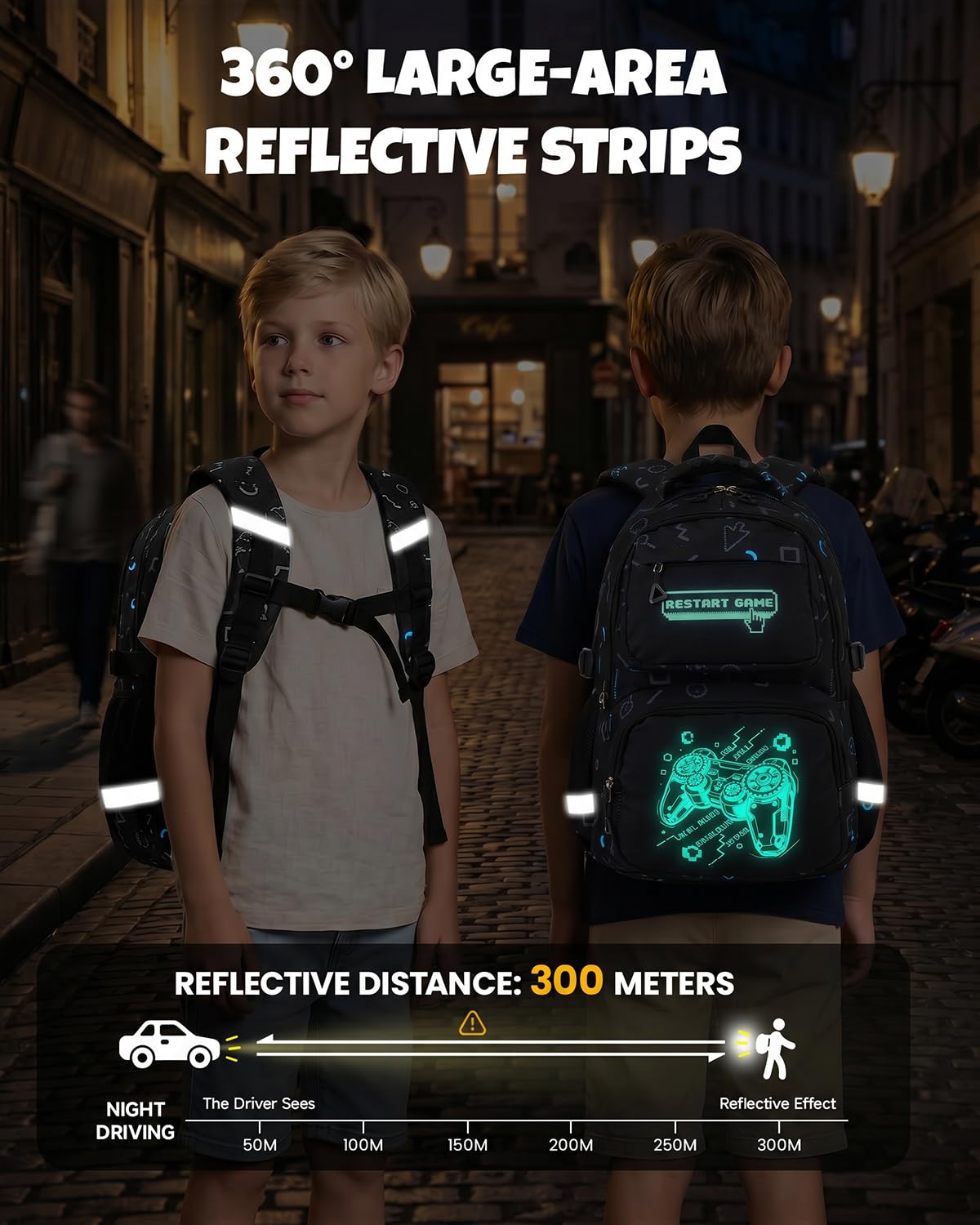 Amythe Schulranzen Jungen 1. bis 4. Klasse Reflektierend, Spielkonsole | Nachtleuchtend Wasserdicht Laptopfach Leicht Spielkonsole Daypack Multitasche Geräumig Robust für Schule Reisen Wandern