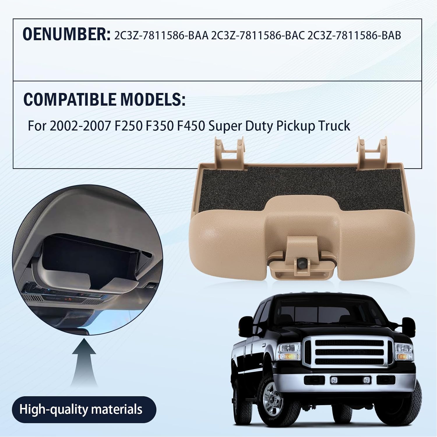 Replacement Overhead Console Sunglasses Holder Box Tan Storage Bin Fits 2002-2007 F250 F350 F450 Super Duty w/Out Sunroof 2C3Z 7811586 BAA