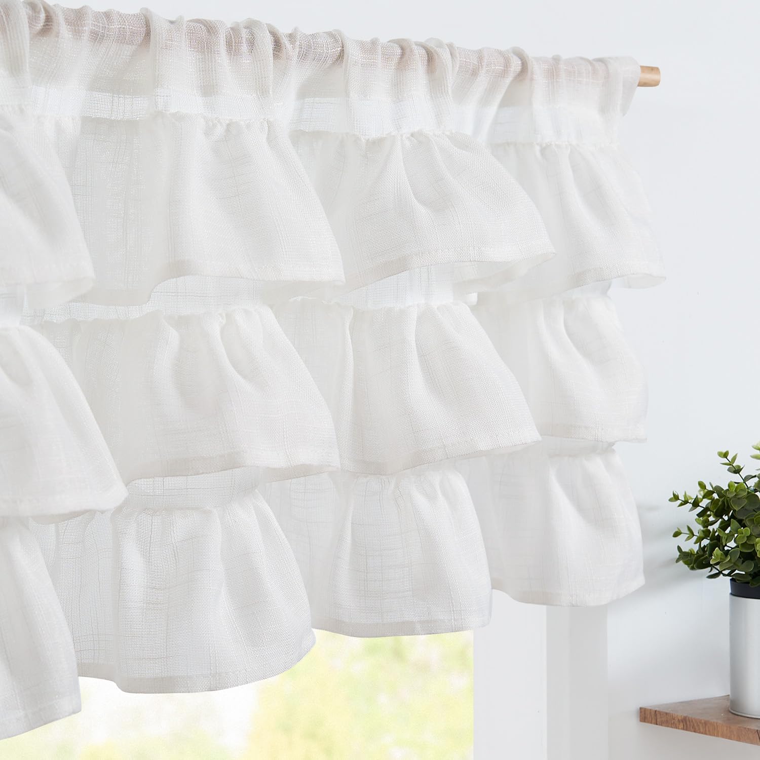 jinchan Ruffled Valance Curtain Slubbed Crossed Sheer Kitchen Valance Vintage Shabbychic Style for Living Room Small Windows 18 Inch Cottagecore Farmhouse Half Window Rod Pocket 1 Panel White 50"W x 18"L (Pack of 1) Drape Ruffled | Off White