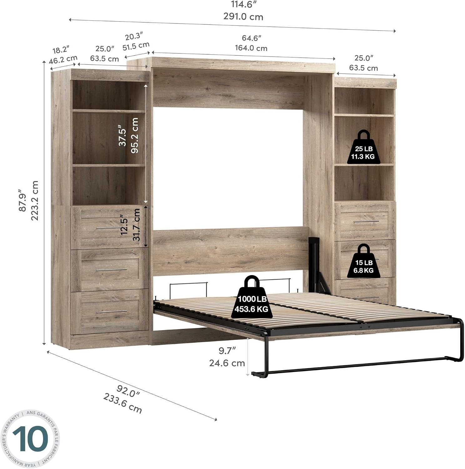 Bestar Pur Murphy 2 Shelving Units with Drawers, Space-Saving Wall Bed, Queen, Rustic Brown