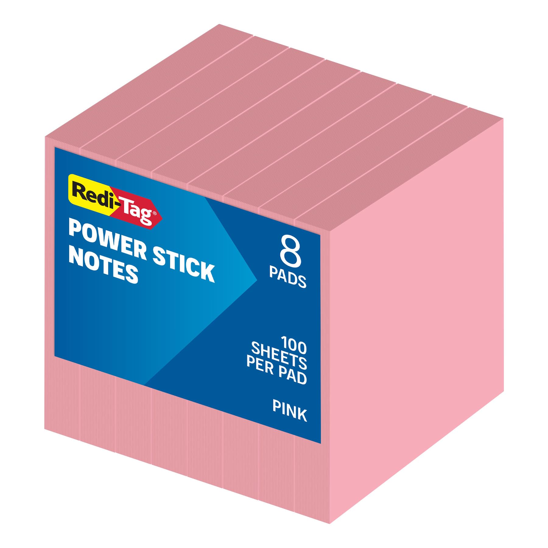 Redi-Tag Sticky Notes, 3 x 3 inch, Power Stick Notes, Pink, 8 Pack, Super Strong Adhesive, Recyclable Paper Memo Pads for Office, School, and Home, 100 Sheets per Pad, 800 Sheets Total