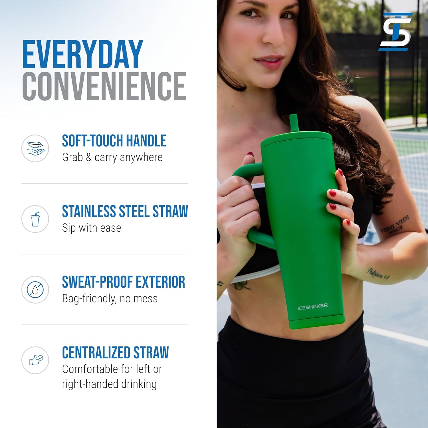 Ice Shaker 40 oz Tumbler with Handle and Straw | 40oz Green | Cold for 30+ Hours | 2-in-1 Tumbler Shaker Bottle | Odor-Free 40 ounce Bottle for Water, Protein Shakes, Smoothies, Cocktails - Image 4