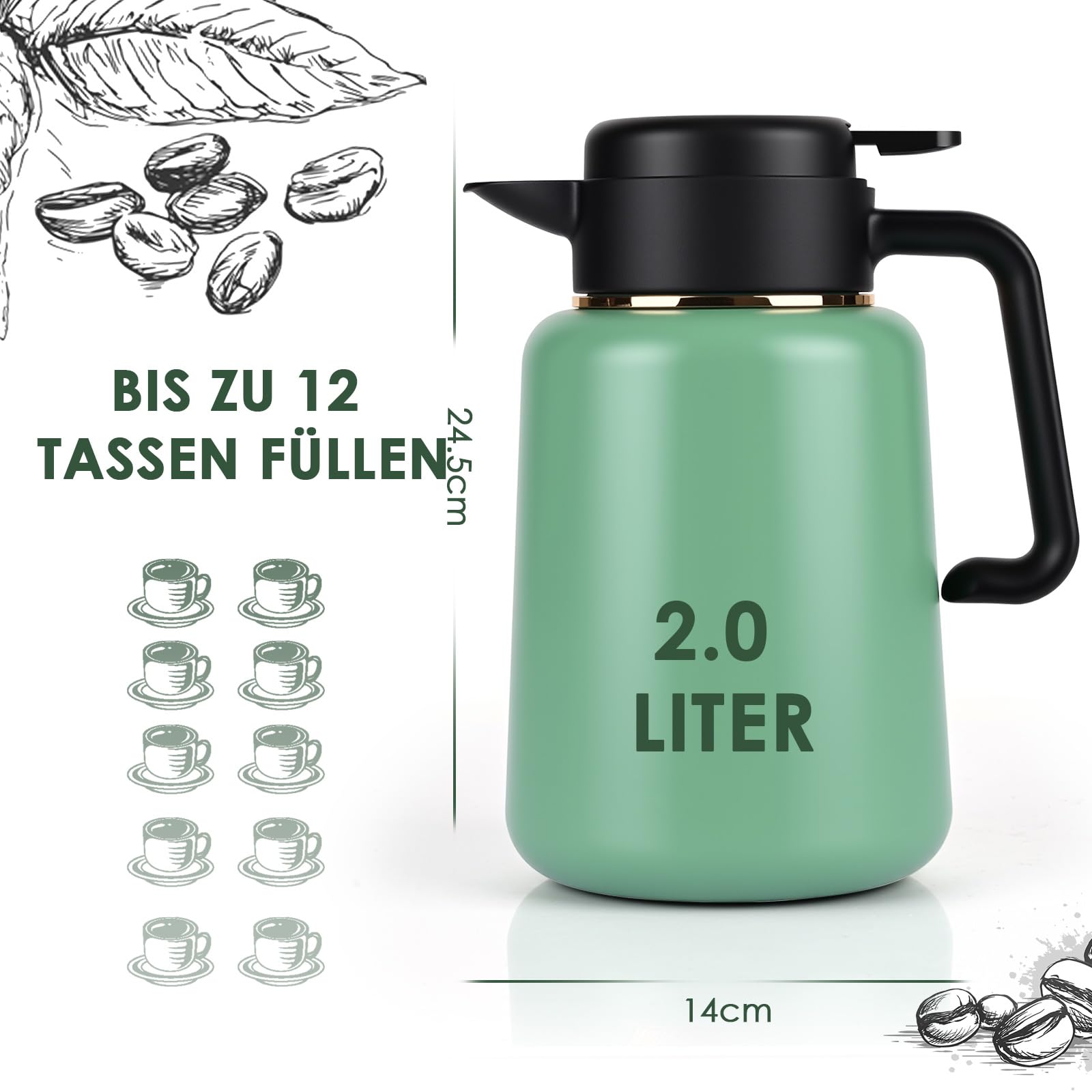 Thermoskanne 1,8-Liter mit Temperaturanzeige, Thermoskanne mit Teesieb 100% Leck & Tropfdicht, Kaffeekanne Thermo für Milch, Tee & Kaffee