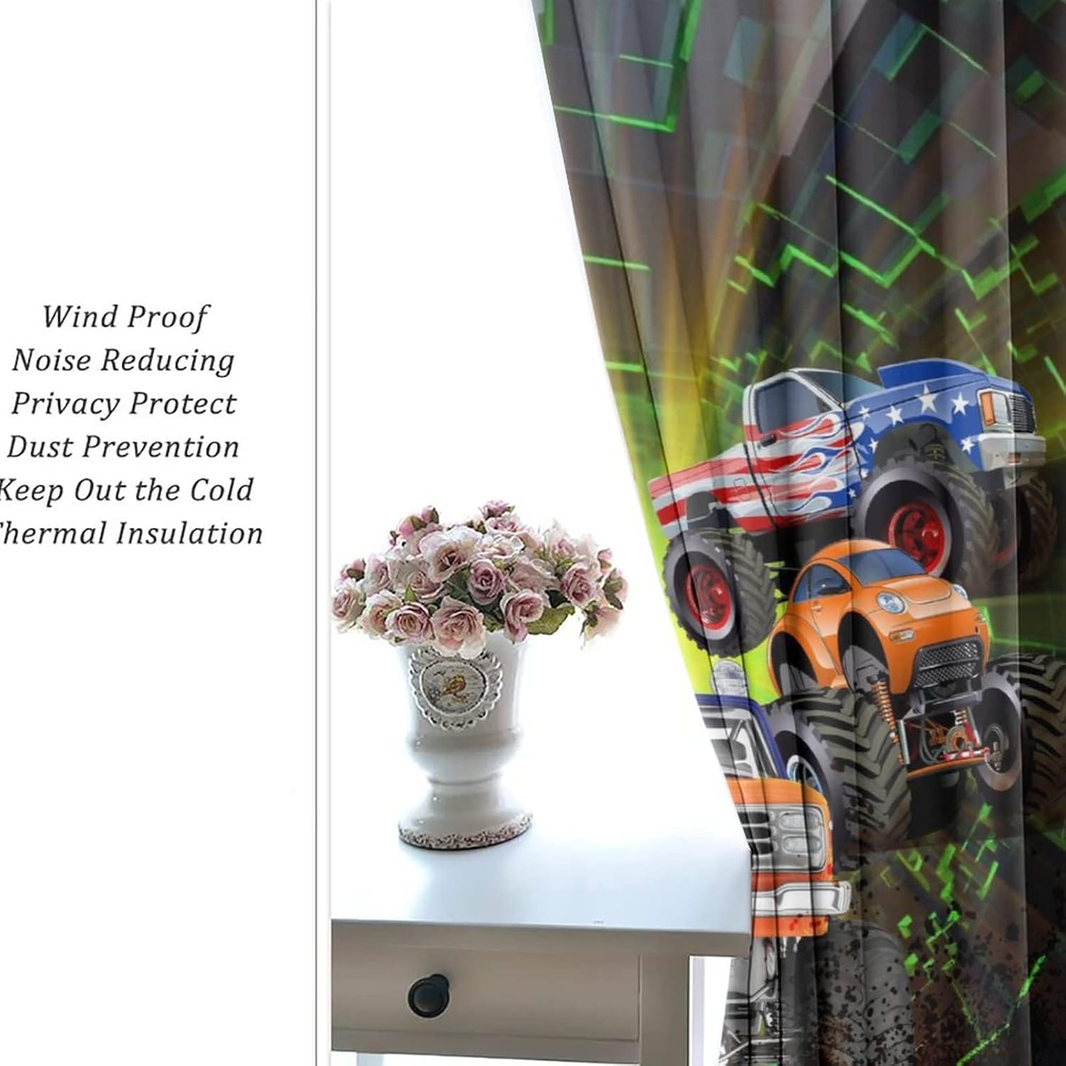 Cool Cartoon Monster Truck Ultra Soft Premier Blackout Curtains,Kids Boys Shabby Monster Trucks PrintThermal Insulated Bedroom Noise Reducing Patio Door Grommet Top,2 Panels 63L x 21W