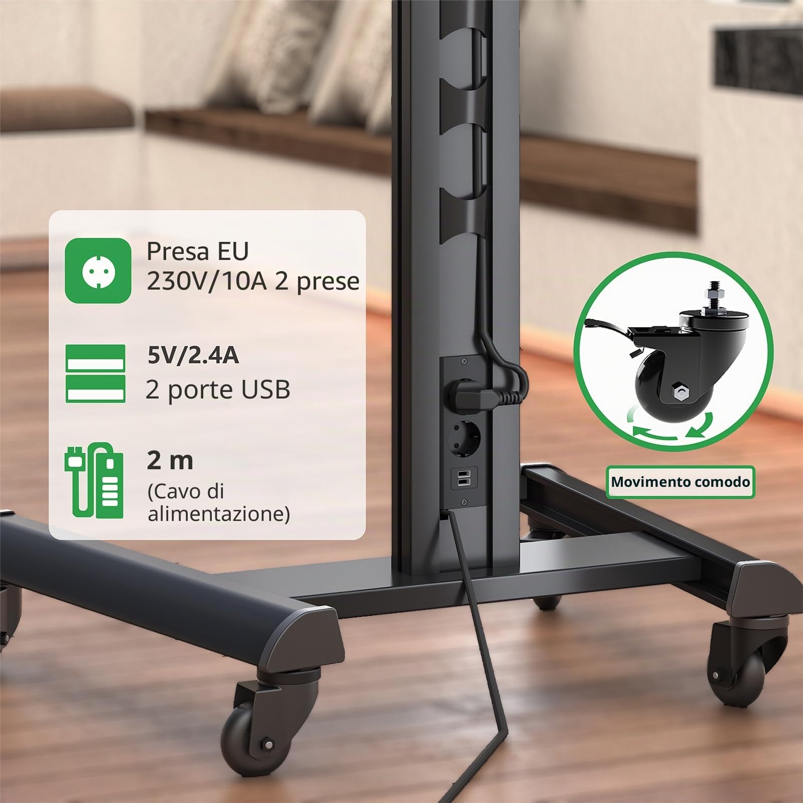 Proton 500 Supporto TV mobile con ripiano, prese di corrente, porte USB, altezza 211 cm, formato verticale orizzontale 32-75 pollici, 40 kg nero