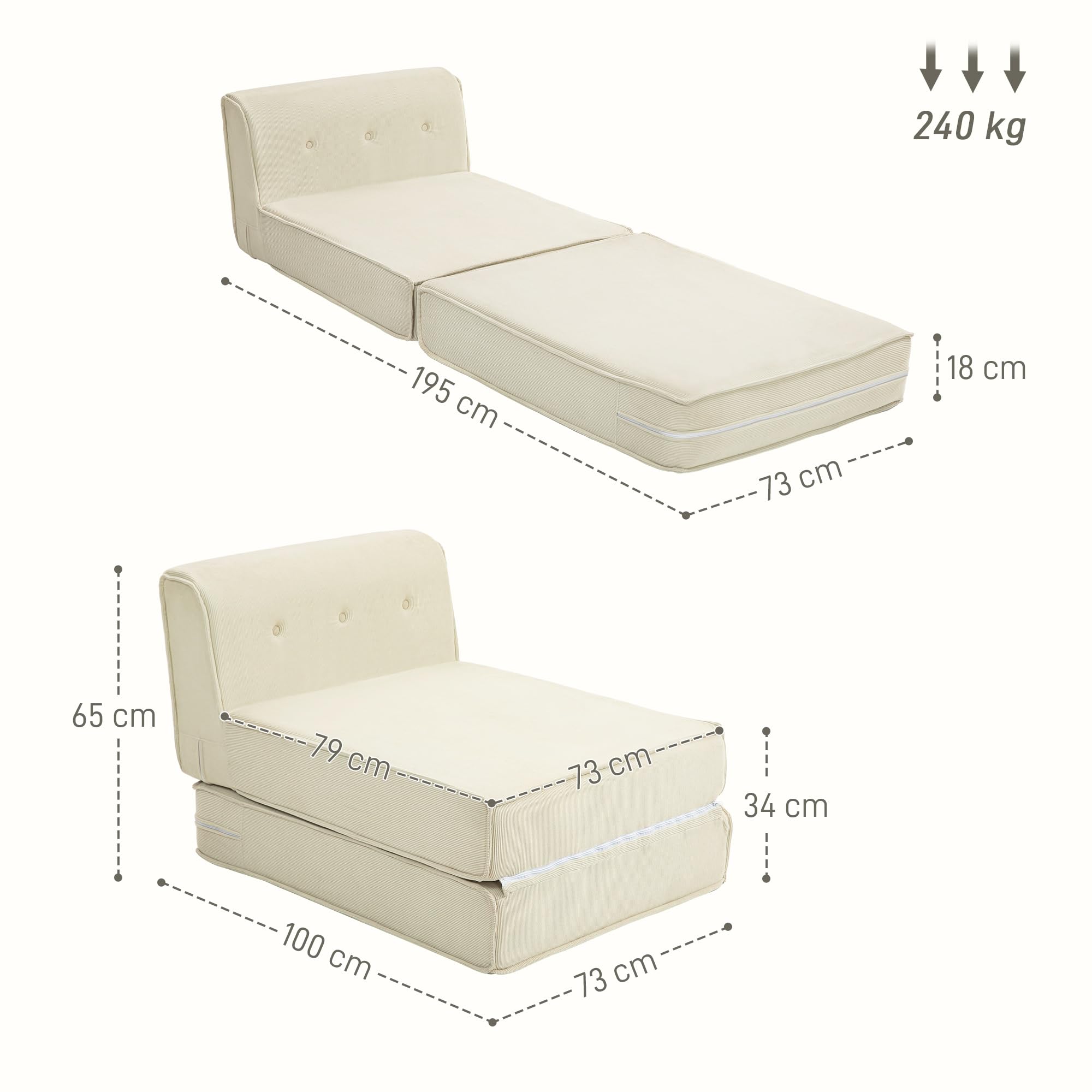 HOMCOM Fauteuil Convertible 1 Place Fauteuil Paresseux chauffeuse Une Place - Dossier capitonné, Matelas Pliable - pour invités, Salon, Charge 240 kg, Velours côtelé crème