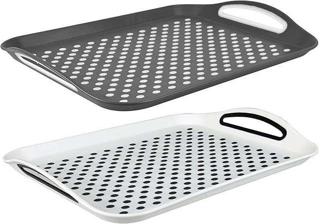 Invero® Set of 2x Anti-Slip Top and Bottom Plastic Serving Tray with High Grip Rubber Surface, Non-Slip Padded Base and Easy Grip Handles ideal for all Homes
