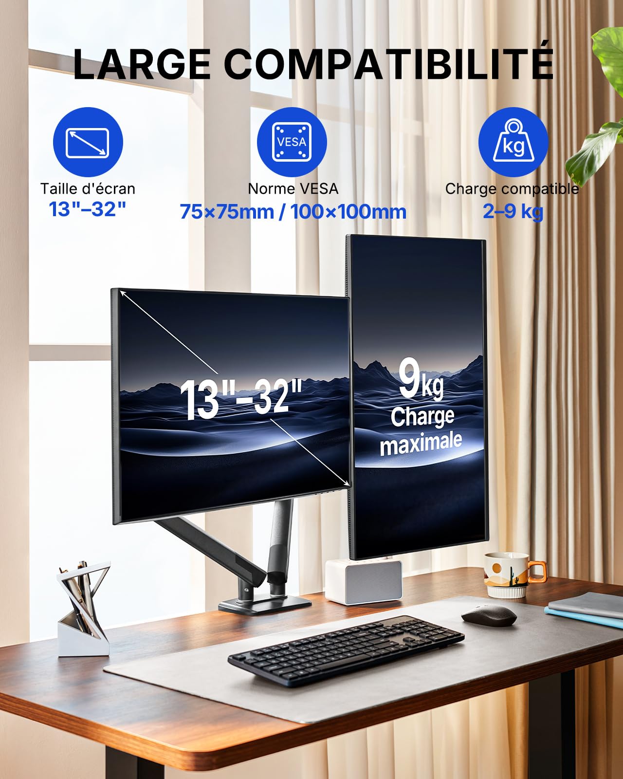 HUANUO Support Double écran PC, pour 2 écrans 13–32" (Max. 9 kg), FlowLift Pro Bras écran, MechaSpring(Inclinaison/Pivotement/Rotation), Montage VESA sans Outil, Montage par Pince en C ou par œillet
