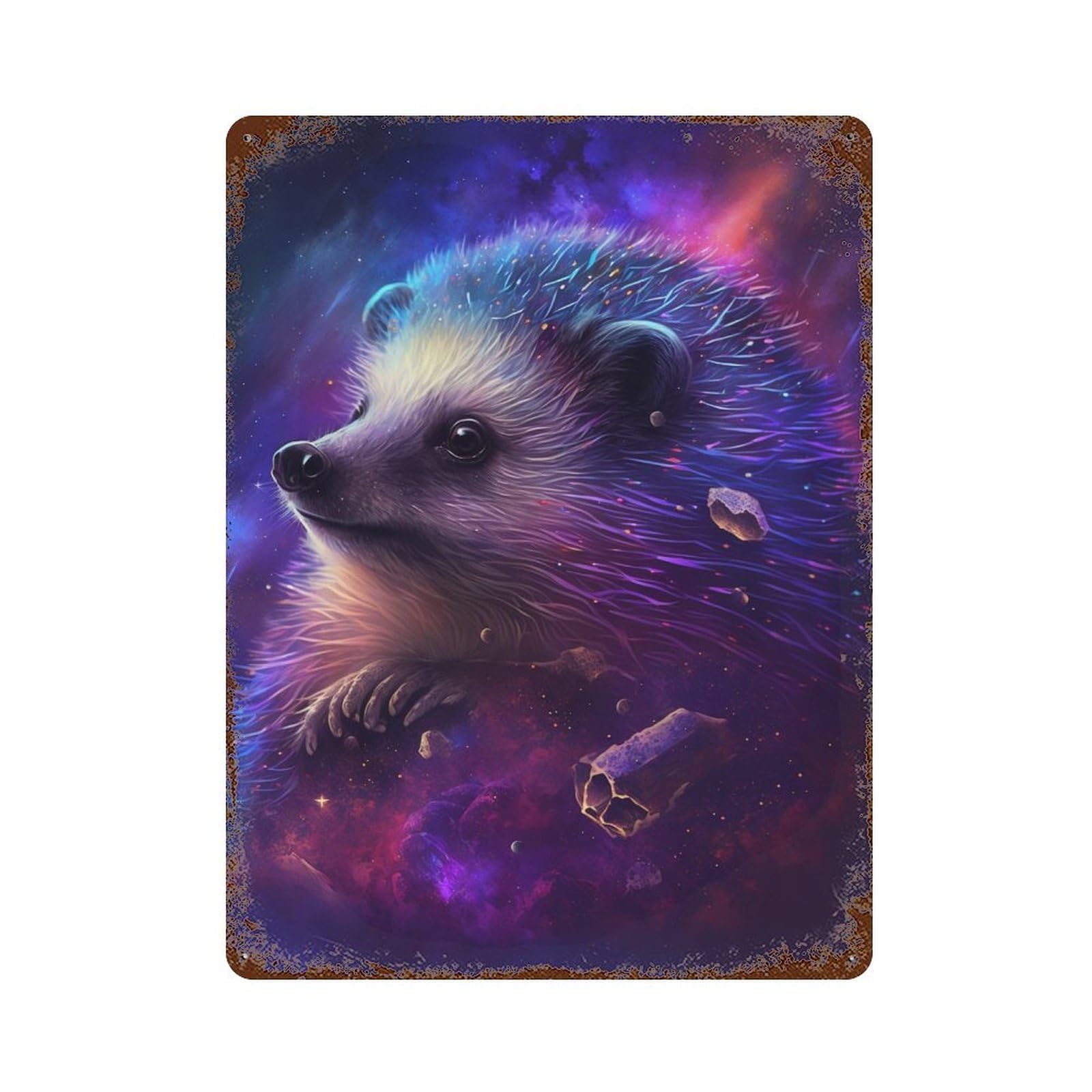 Vintage Rust Metal Sign with Cosmic Hedgehog Art Print-7 Design 15.7"x11.8", for Shed, Workshop And Garage Wall Decor, Retro Wall Decor