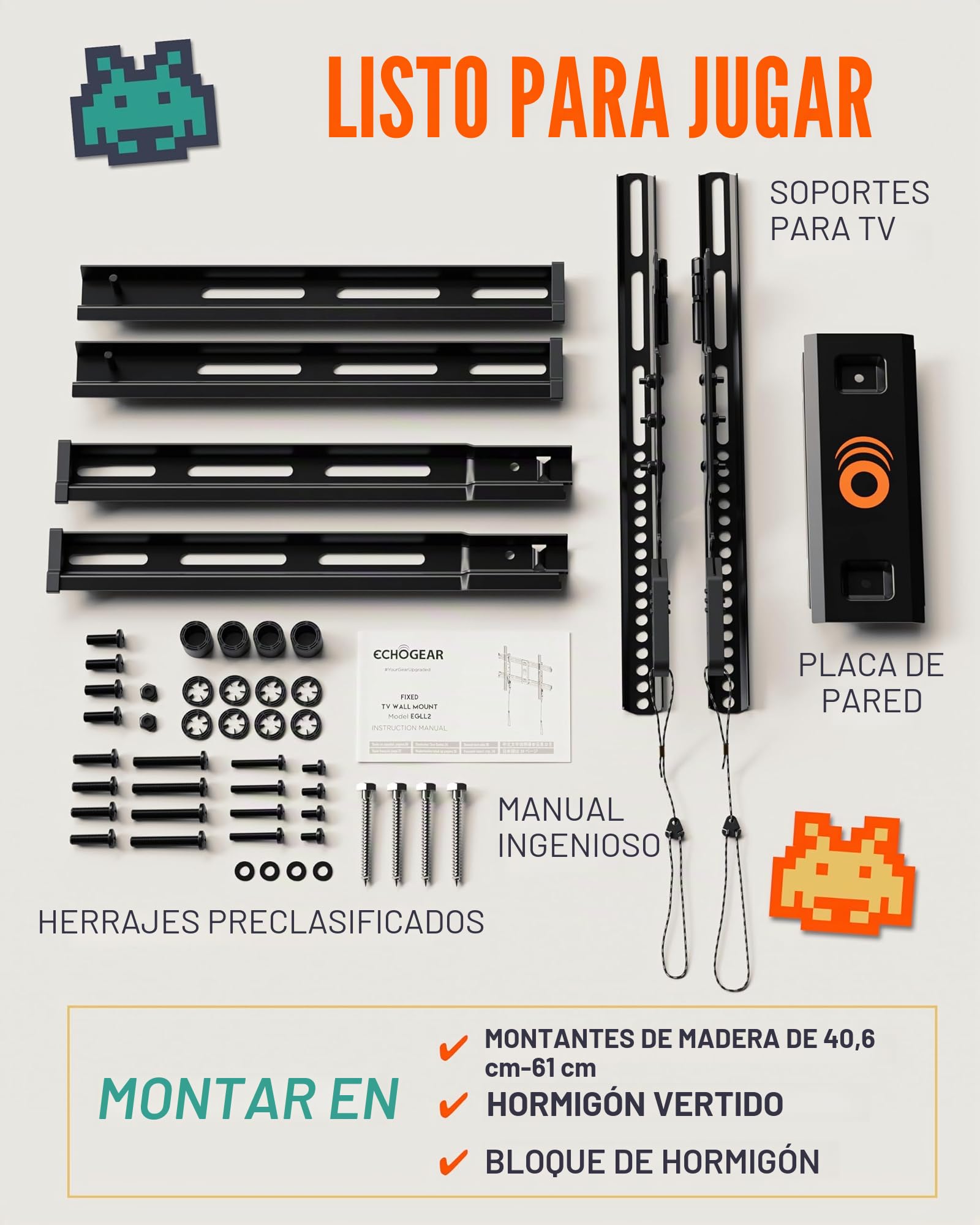 ECHOGEAR Soporte de pared de TV fijo de bajo perfil para televisores de hasta 85"- Sostiene su televisor a solo 2.25" de la pared - Instalación rápida con plantilla y puede nivelar después del montaje