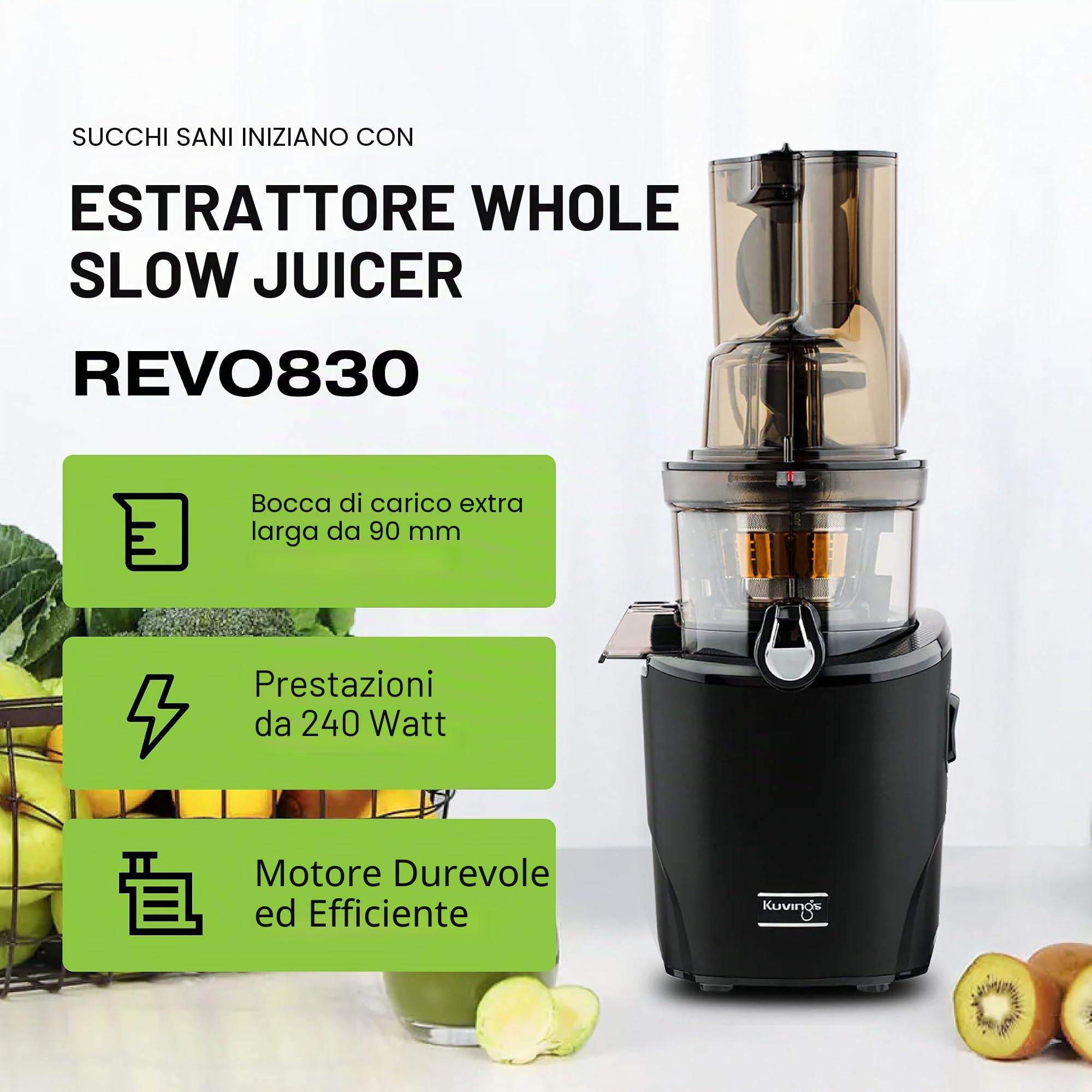 Kuvings - Estrattore di succo REVO830 - Doppio boccaglio, Sistema di taglio automatico - Nero
