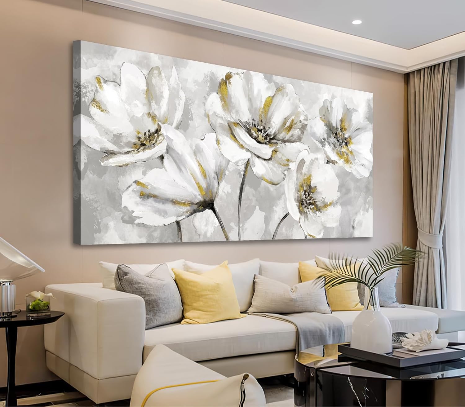 artewoods flowers canvas wall art - gray white flowers with yellow accents pictures wall decor botanical painting artwork elegant floral prints home decor living room bedroom ready to hang 40 x 20in grey white flowers with yellow accents wrapped canvas 40