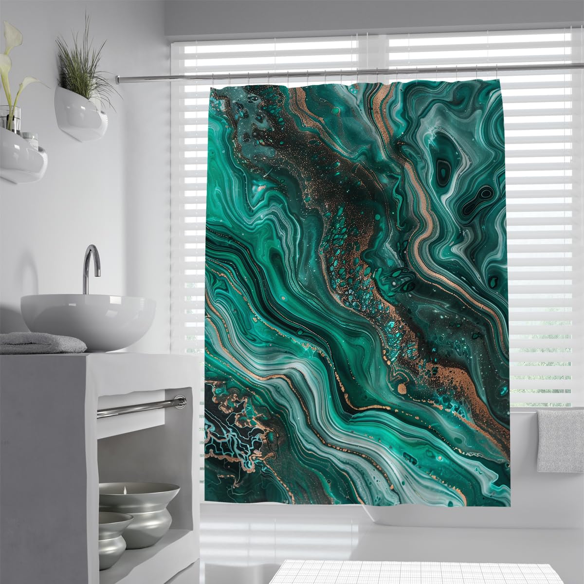 UIRINGART Marble Shower Curtain W200xL220cm Luxury Emerald Teal Green Malachite Gold Foil Texture Fluid Ripples Mildew Mould Resistant Polyester Fabric Bath Curtains