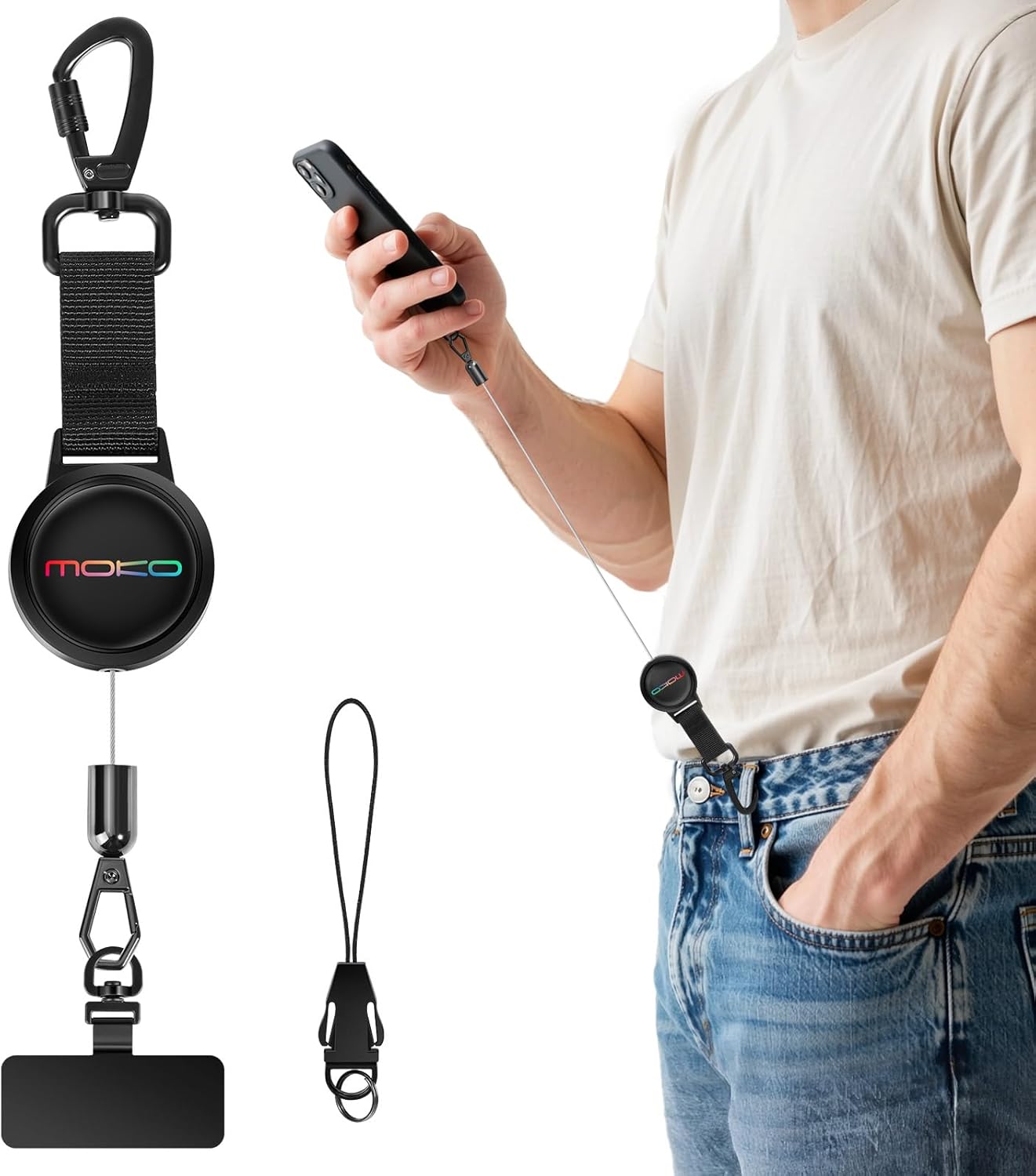 MoKo Anti-theft Phone Tether, Phone Lanyard & Keychain Retractable Steel Line Cellphone Strap with Locking Carabiner and Metal 360° Tether Tab for Outdoor Skiing Hiking Climbing Fishing, Black