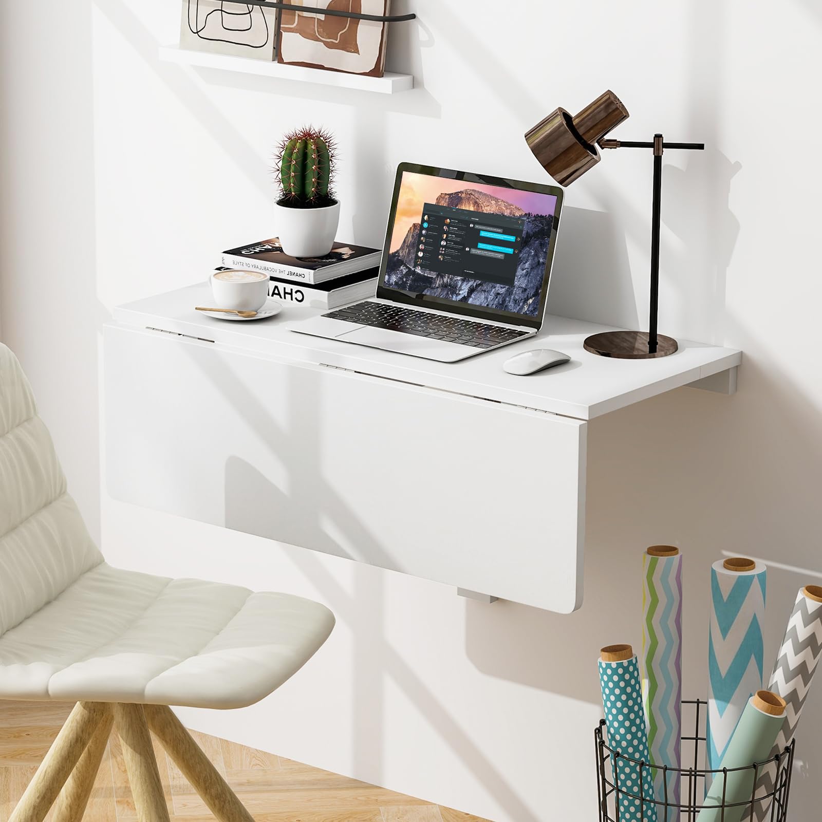 FANTASK Wandklapptisch, schwebender Schreibtisch, klappbarer Wandtisch, platzsparender Küchentisch für Küche Esszimmer Arbeitszimmer (Weiß)