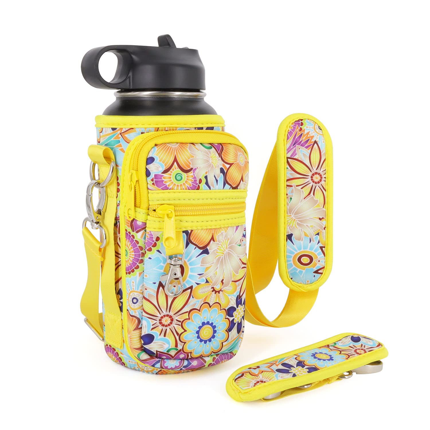 Photo 1 of AJLTPA Water Bottle Holder Sling Bag Sleeve Carrier 32oz 40oz 64oz, Insulated Crossbody Water Bottle Case Cover with Padded Strap and 2 Pockets for Walking Hiking Camping 64oz Half Gallon Bright Floral