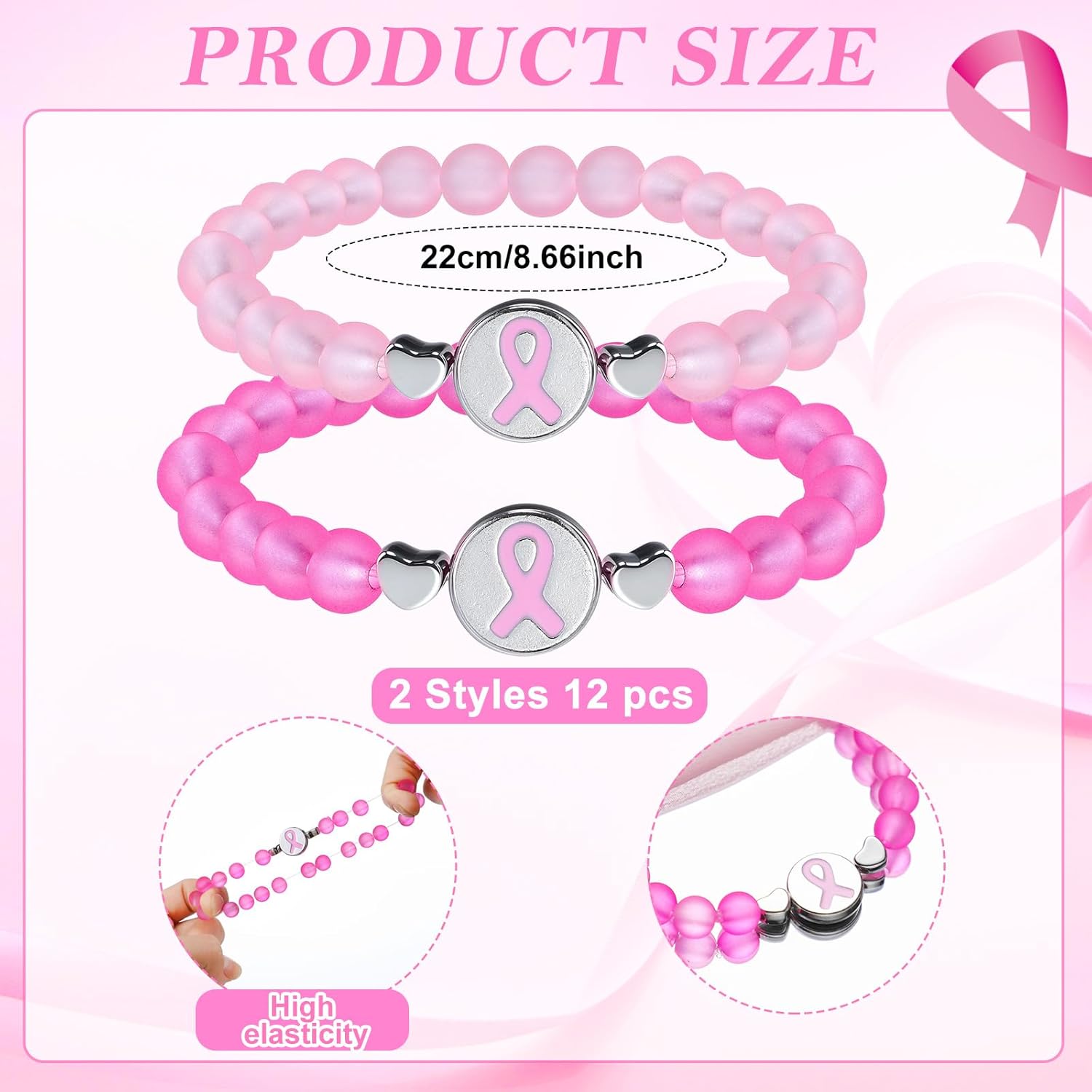 Karenhi 12 Pcs Breast Cancer Awareness Glass Beaded Bracelets Pink Ribbon Bracelets Breast Cancer Survivor Gifts for Women - Image 4