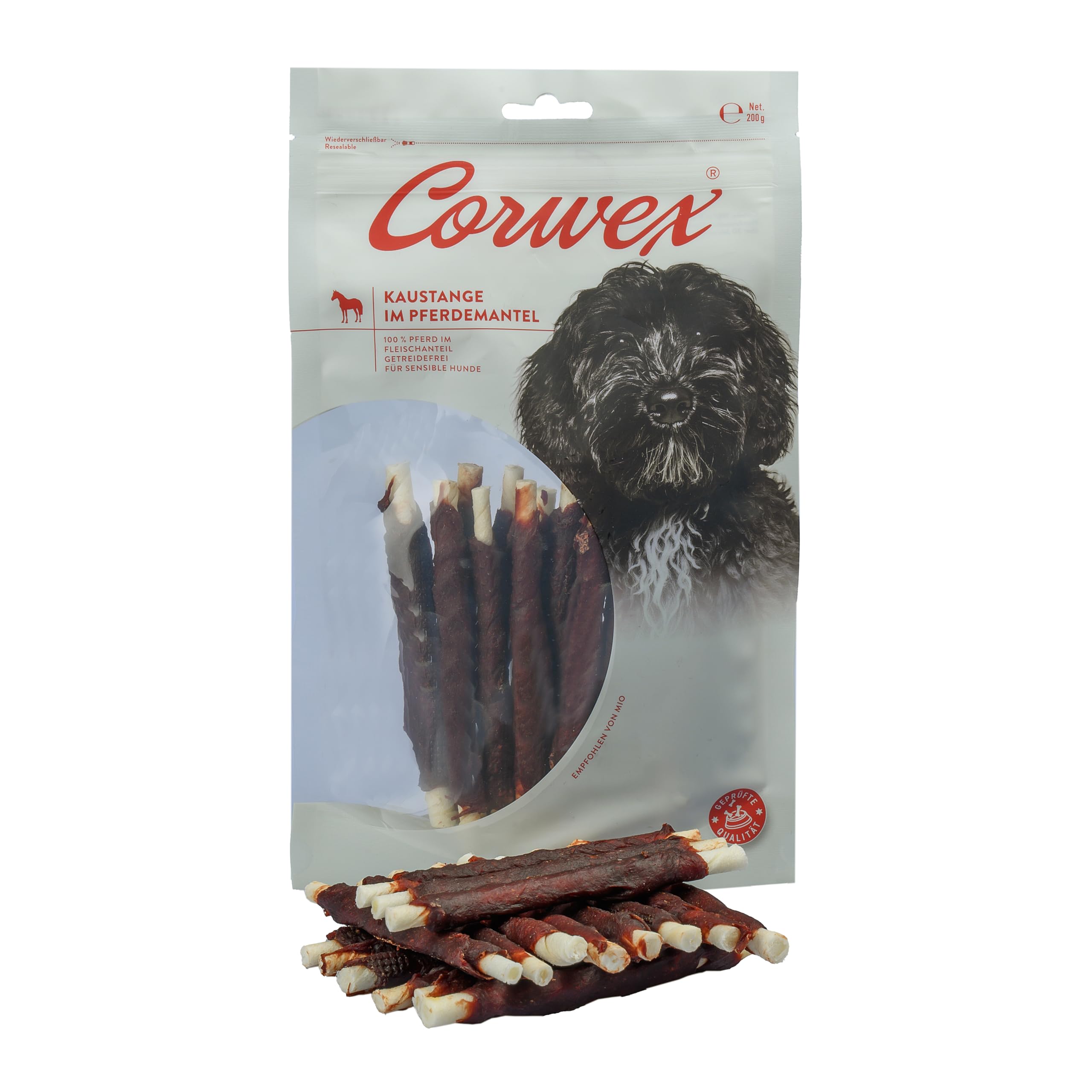 Corwex Spuntino per cani in mantello per cavalli, gustoso snack da masticare con carne di cavallo (circa 17 aste) | Snack senza cereali per cani sensibili (9 x 200 g)