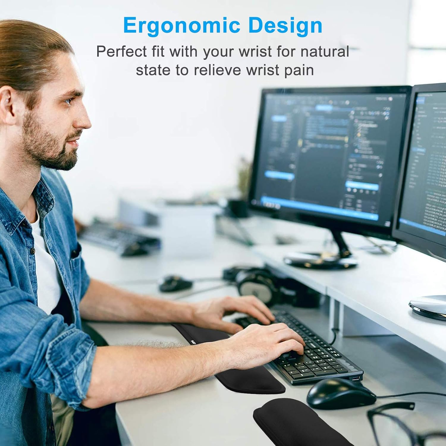 NPET WR10 Memory Foam Keyboard Wrist Rest Pad, Mouse Wrist Ergonomic Cushion Set Support for Office, Computer, Laptop, Mac, Comfortable, Lightweight for Keyboard Mouse Easy Typing Pain Relief, Black : Office Products