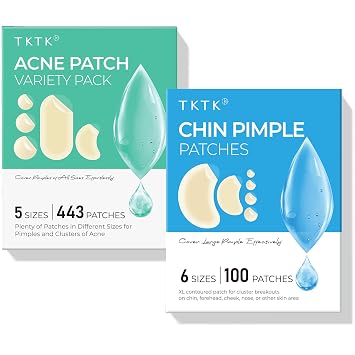TKTK Bulk Acne Patches for Face 443 Count + XL Chin Pimple Patches 100 Count, 7 Sizes Pimple Patch Bulk Face & Body, Odorless Acne Stickers