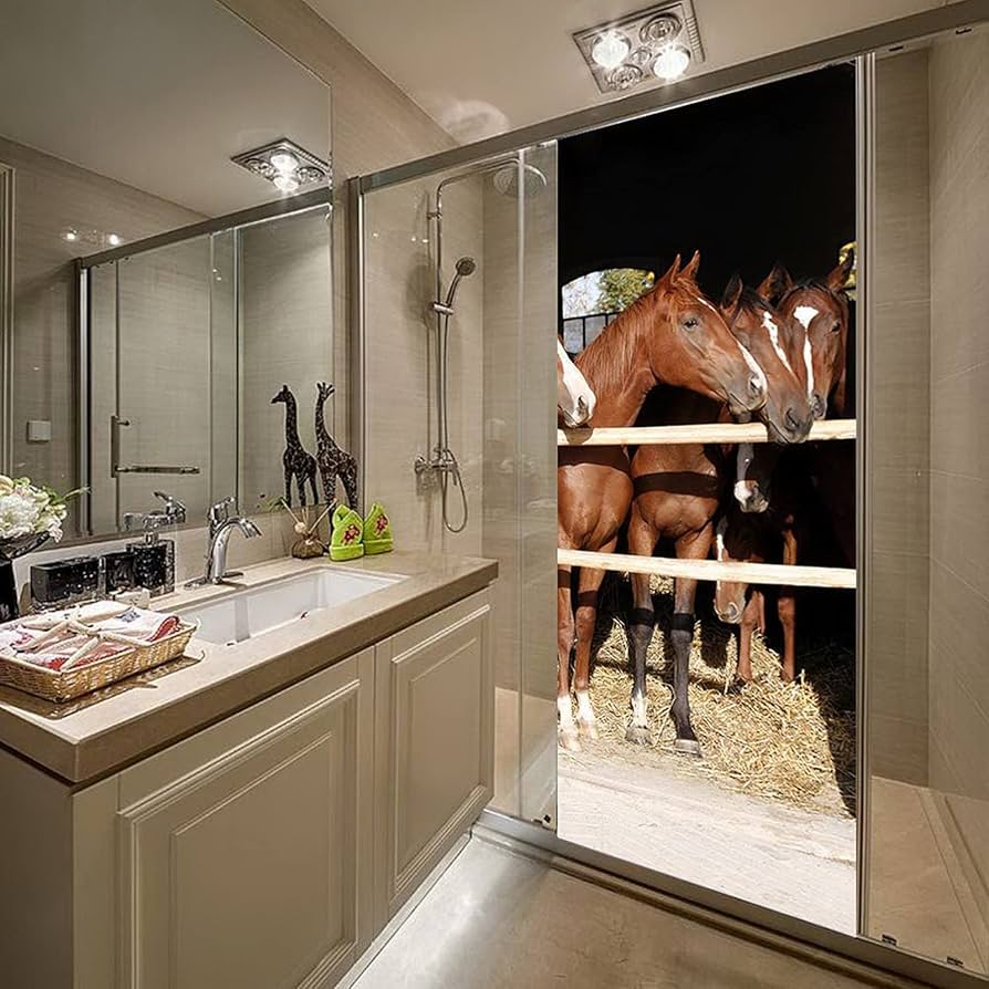 A.Monamour 3D Door Stickers For Interior Doors Horse In Stable Animal Theme Vinyl Removable Self Adhesive Door Poster Wallpaper Mural Decals For Bedroom Office Bathroom 90 X 200 Cm