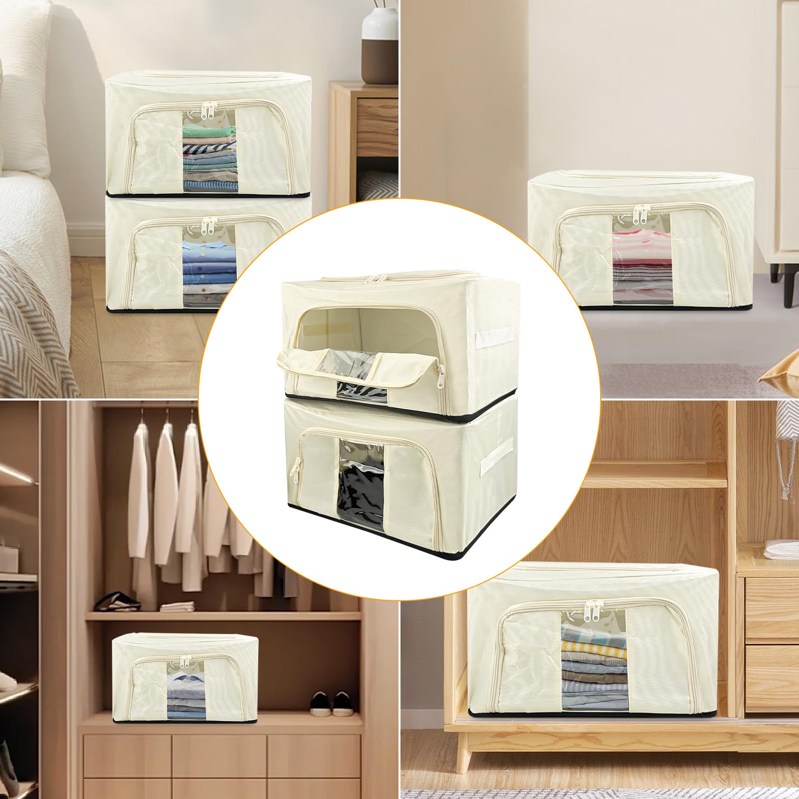 2 Stück Aufbewahrungsbox, Aufbewahrungsboxen mit Metallrahmen, Kleiderschrank Organizer, Aufbewahrungstasche Faltbare, Kleideraufbewahrung Box, Kleideraufbewahrungsbehälter(24L, Beige)
