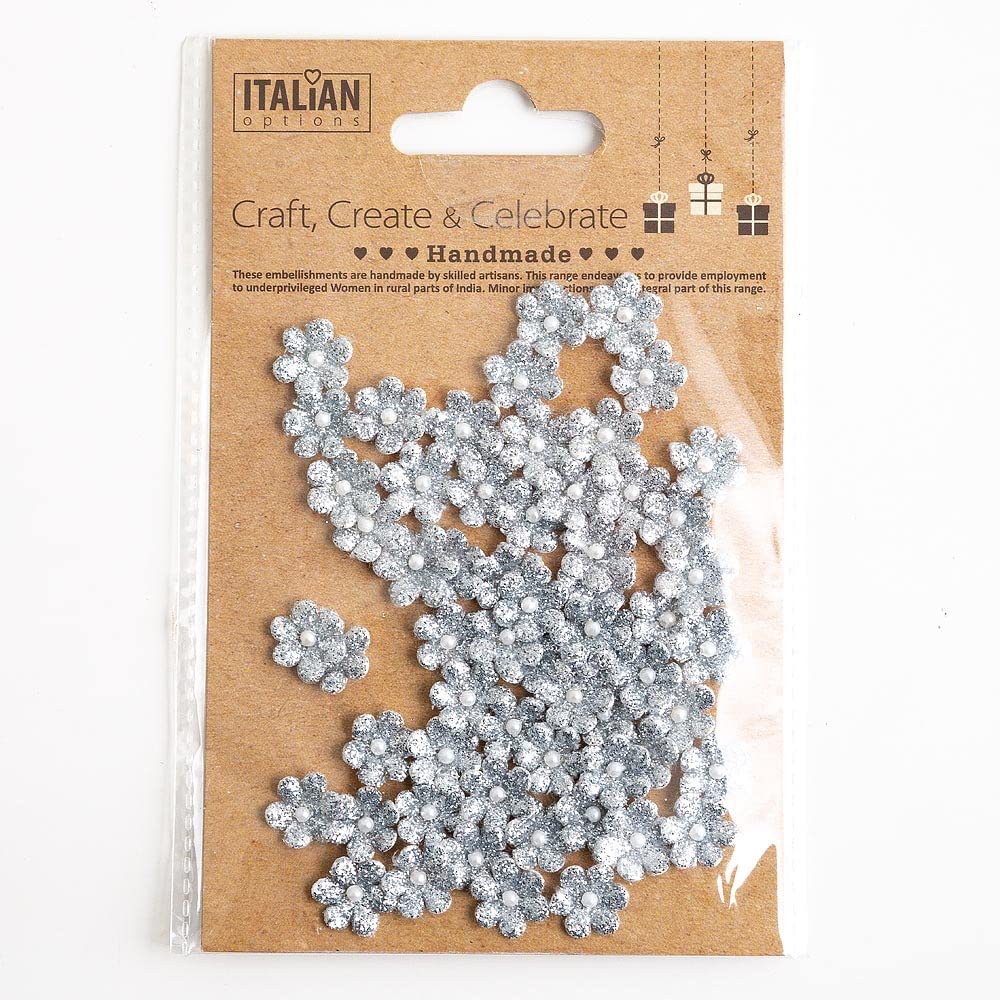 1cm Mini Glitter Paper Craft Flowers - Silver (Pack of 60) — image 1