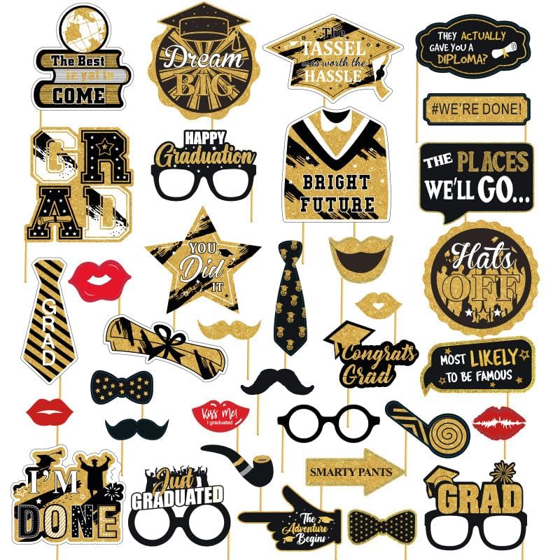 AIBAOBAO Accessoires Photobooth, 35 Pièces Accessoires Photo Graduation, Photo Booth Selfie, Accessoires Photomaton Noir et Or pour Félicitations Fête de Remise de Diplôme 2025 Décorations