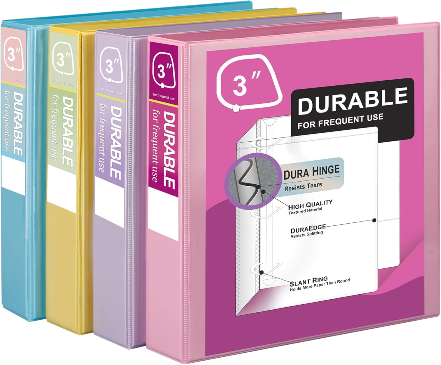 Zzrywuty Durable 3 Ring Binder, 3 Inch, Economy 4 Pack, Each Holds 675 Pages, D-Ring Presentation View Binders for Office, School, Home (Pastel Assortment) 3 Inch Pastel Assortment