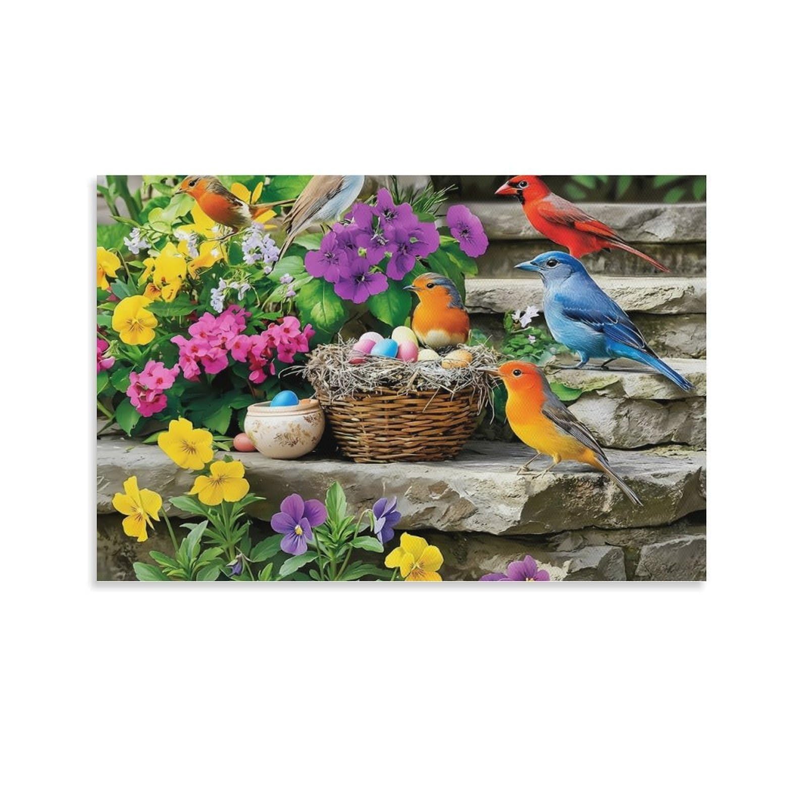 CPLVKWRQJ Spring Birds Garden Individual Colorful Wild Birds Nest Amid Garden Blooms Wall Art Decor - Kitchen Removable Canvas Wall Art Multi-Purpose Focal Point 12x18inch(30x45cm)