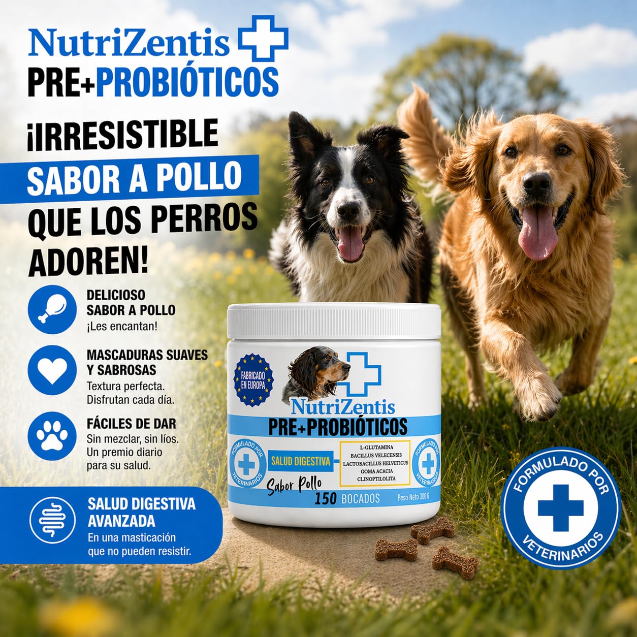 Probioticos Perros 150 Uds Repara Flora Intestinal del Perro Refuerza Sistema inmunologico Probióticos para Perros|Fabricados en Europa| 150 Masticables Sabor Pollo