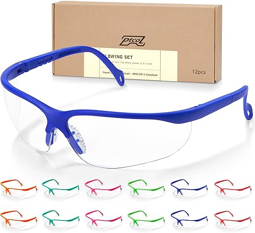 Gafas de seguridad antiniebla, paquete a granel en 6 colores (12 pares) ANSI Z87.1, resistente a los arañazos, lente transparente de policarbonato