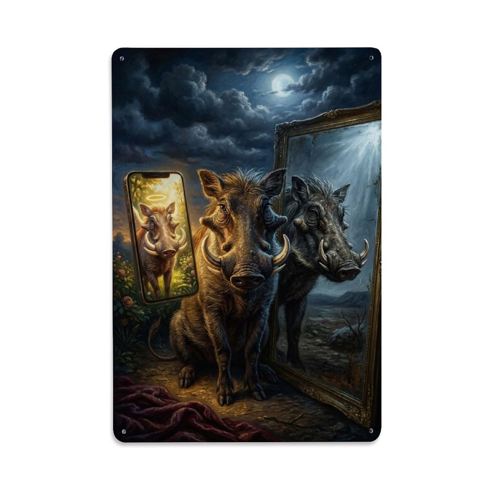 Dark Humor Surreal Vintage Animal Donkey Beauty Filter Mirror Metal Tin Sign Plaque Wall Decor for Cafe, Man Cave, Club Bar, Office, Home Garden Round Metal Poster 8x12Inch