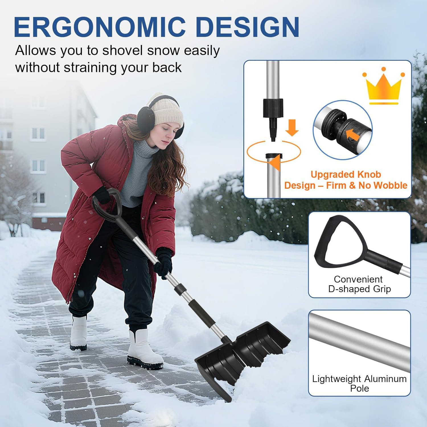 Grande pelle à neige amovible avec poignée en D, grand espace de rangement, convient pour un véhicule de jardin pour le camping en plein air - Noir