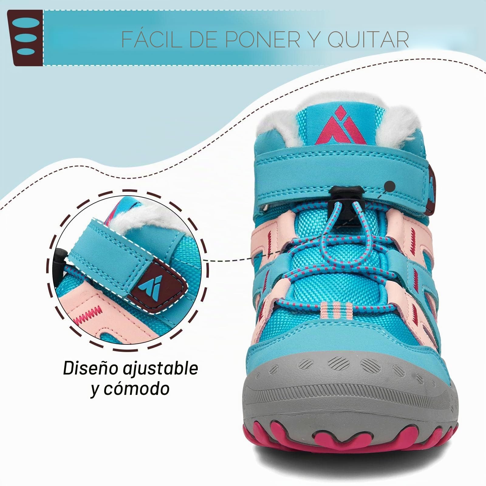 Mishansha Botas de Nieve Niño Botas Antideslizantes, Turquesa 35 | Forro cálido, cierre de autollenado, puntera reforzada, suela con dibujo, colegio, paseos, nieve