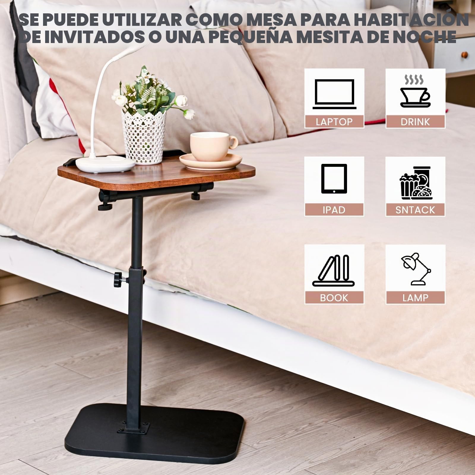 Mesa Auxiliar en Forma de C, Mesa Auxiliar giratoria de 360° en Altura Ajustable para Espacios pequeños, con Ranura para teléfono y Tableta de Noche para Cama y Sofá (Marrón rústico)