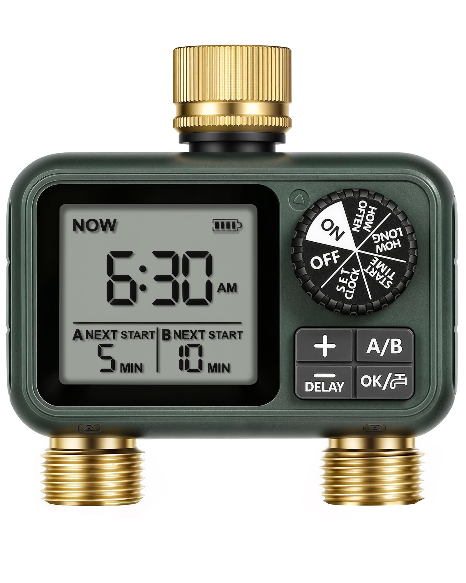 2 Valve Irrigation Programmer, Automatic Irrigation Computer, Timer for Garden Hose Tap, Rain Delay Function, Patio and Lawn, Dark Green