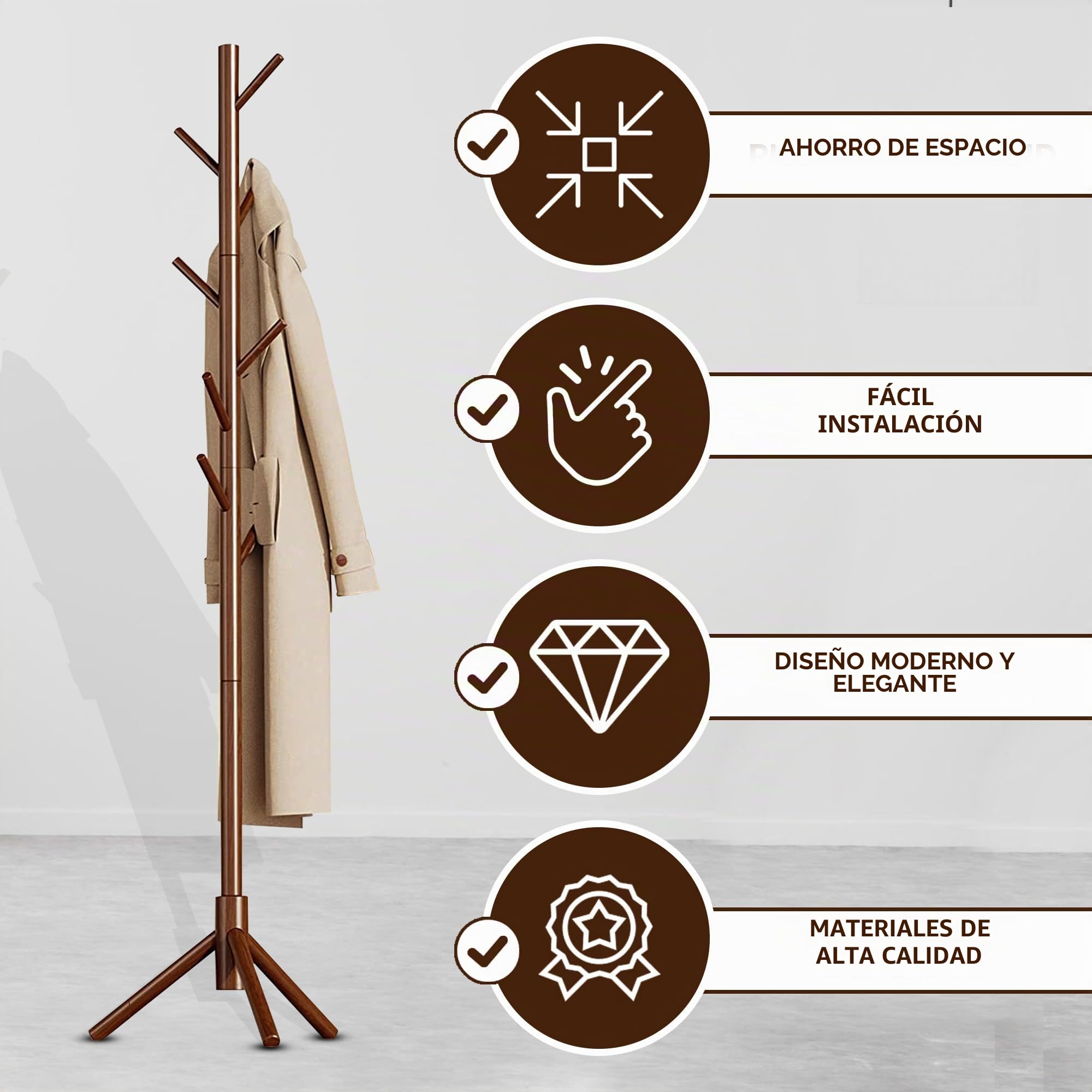 Bayt Perchero de Pie con 8 Ganchos - Perchero Madera con 3 Tamaños Ajustables - Perchero de Pie 175 cm - Perchero Entrada Recibidor (3 patas, Marrón)