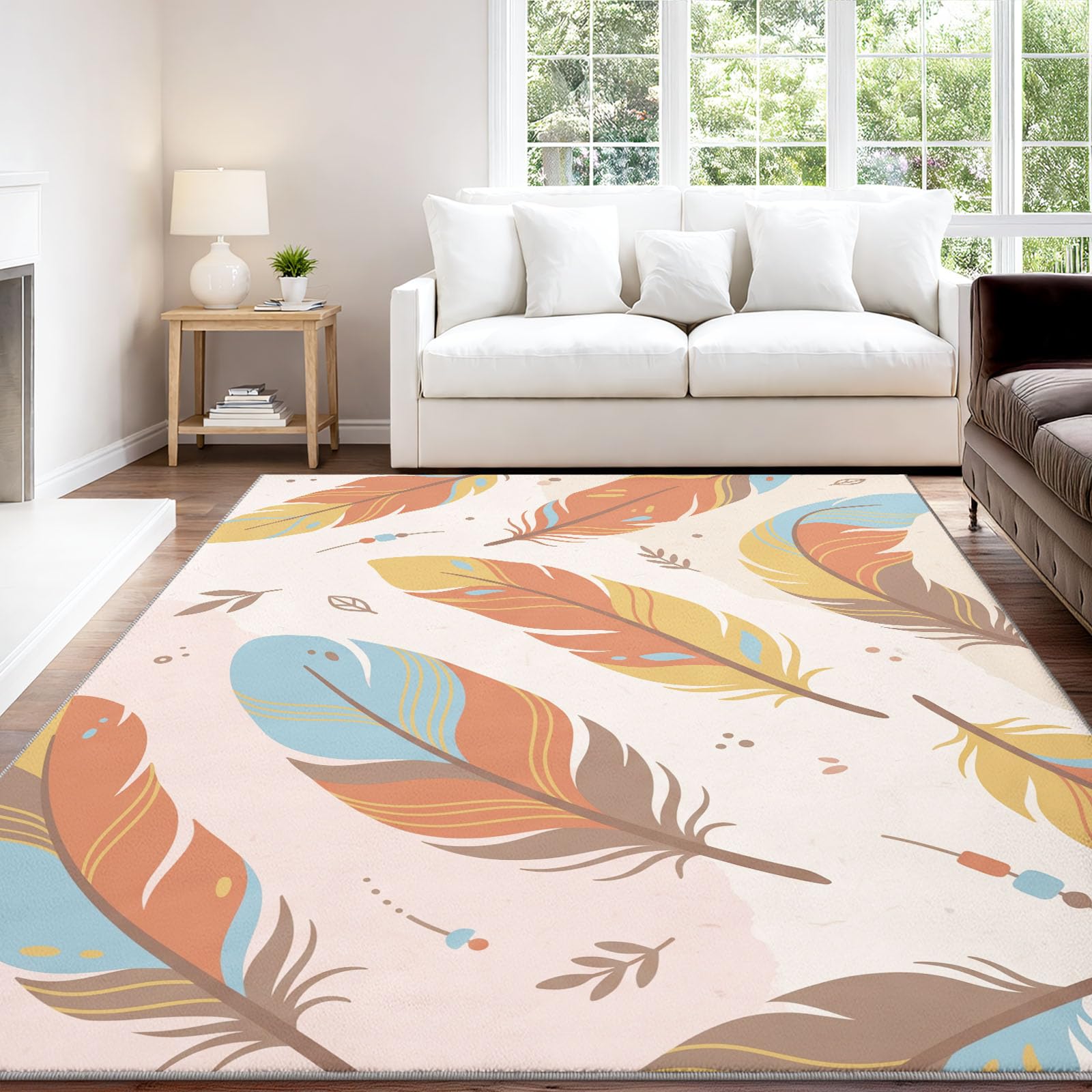 Générique Tapis Lavable en Bohème Naturel 60 x 120 cm, Tapis Frais Plume pour l’entrée du Salon Moquette intérieure antidérapante à Poil Bas pour la décoration de la Chambre