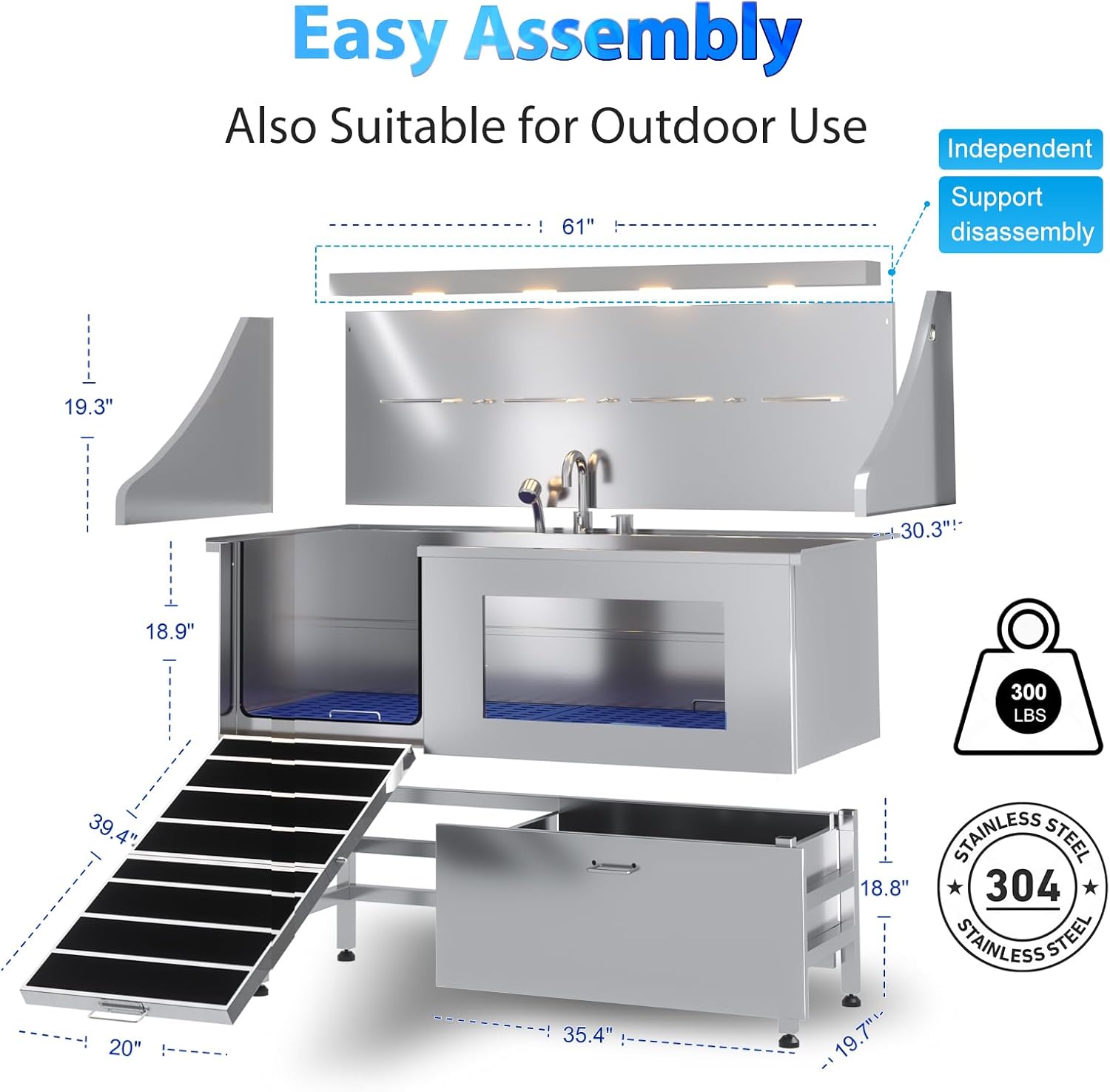 50" Stainless Steel Dog Grooming Station with Ramp and Drawer