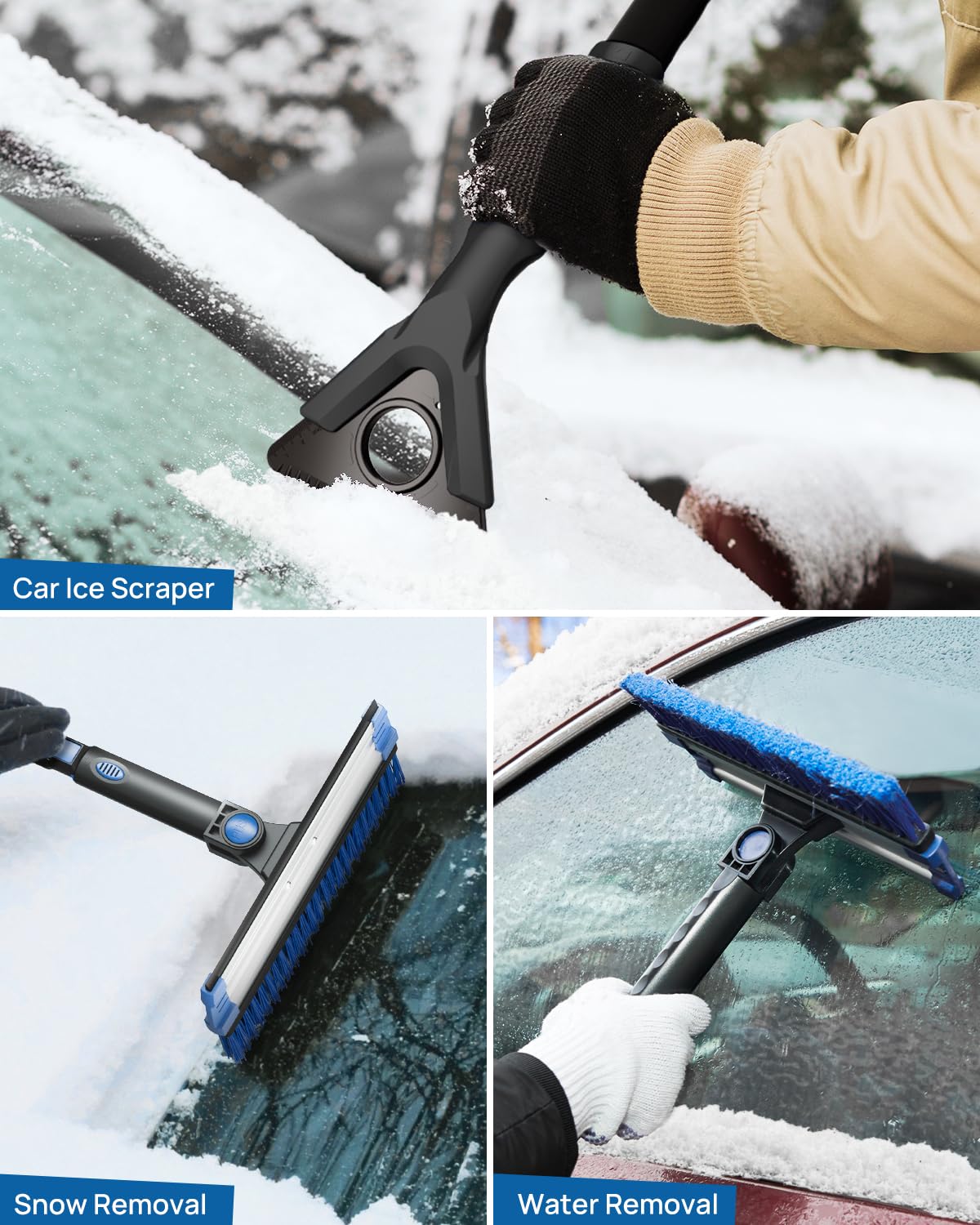 JOYTUTUS Rascador de hielo de 61.3 pulgadas y cepillo de nieve de mango largo, giratorio de 270° extensible para parabrisas de automóvil, agarre de espuma telescópica para raspador de hielo, removedor