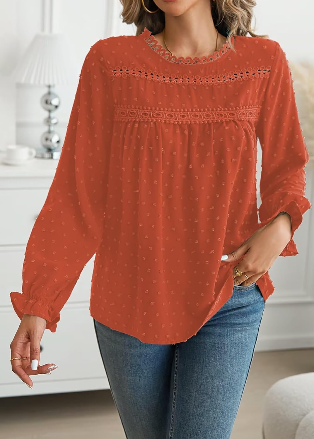 Womens Boho Tops Long Sleeve Shirts For Women Cute Crewneck Blouse Dressy Casual Swiss Dot Crochet Hollow Top 2026 - Image 2