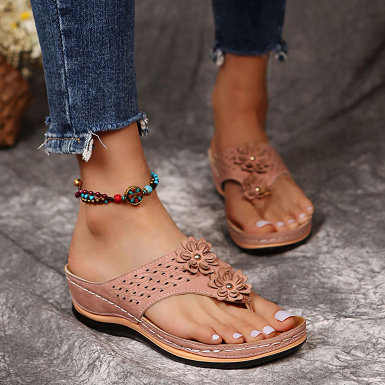 Hhzyt Women's Pink Sandals Comfortable Flip Flops With Arch Support Summer Slip On Slide Slippers With Flowers Casual Wedge Sandals Beach Shoes,,Us10/Eu41